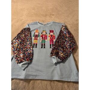 Grace + Emma Nutcracker Sequin Sleeve Sweatshirt Blue Christmas Holiday 2XL